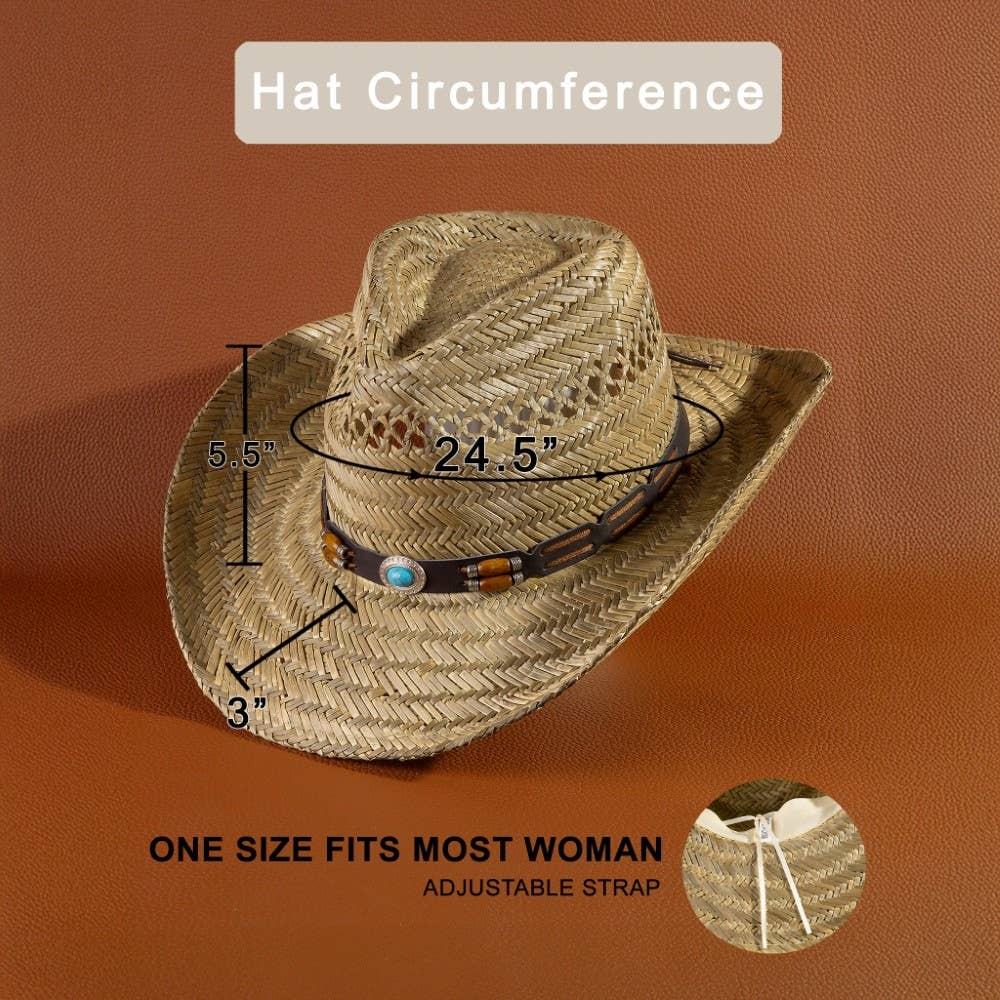 Western Leather Strap Straw Cowboy Hat