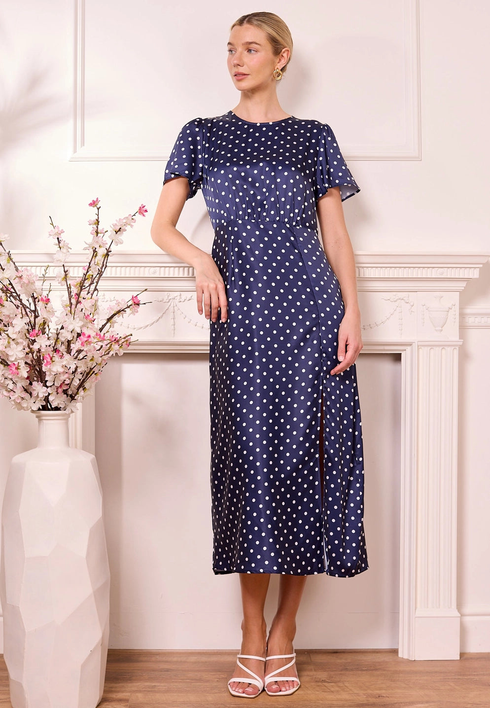 Janzur Satin Polka Dot Midi Dress