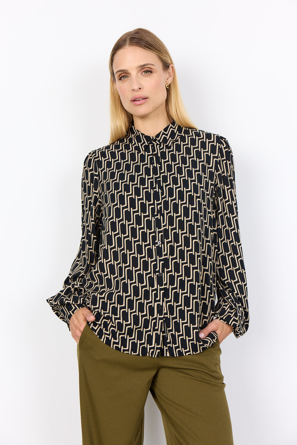 Varla Geometric Print Button Up Shirt