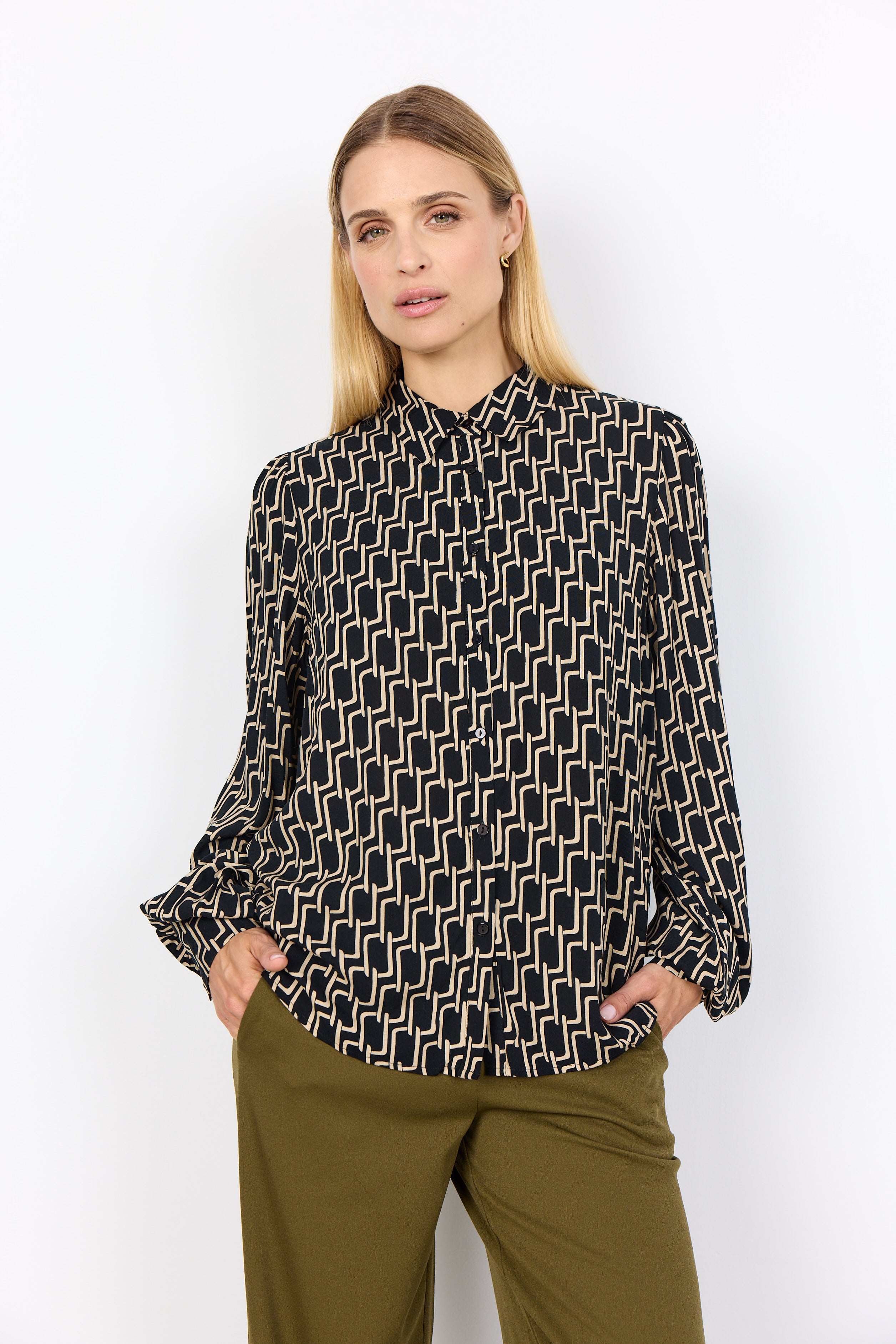 Varla Geometric Print Button Up Shirt
