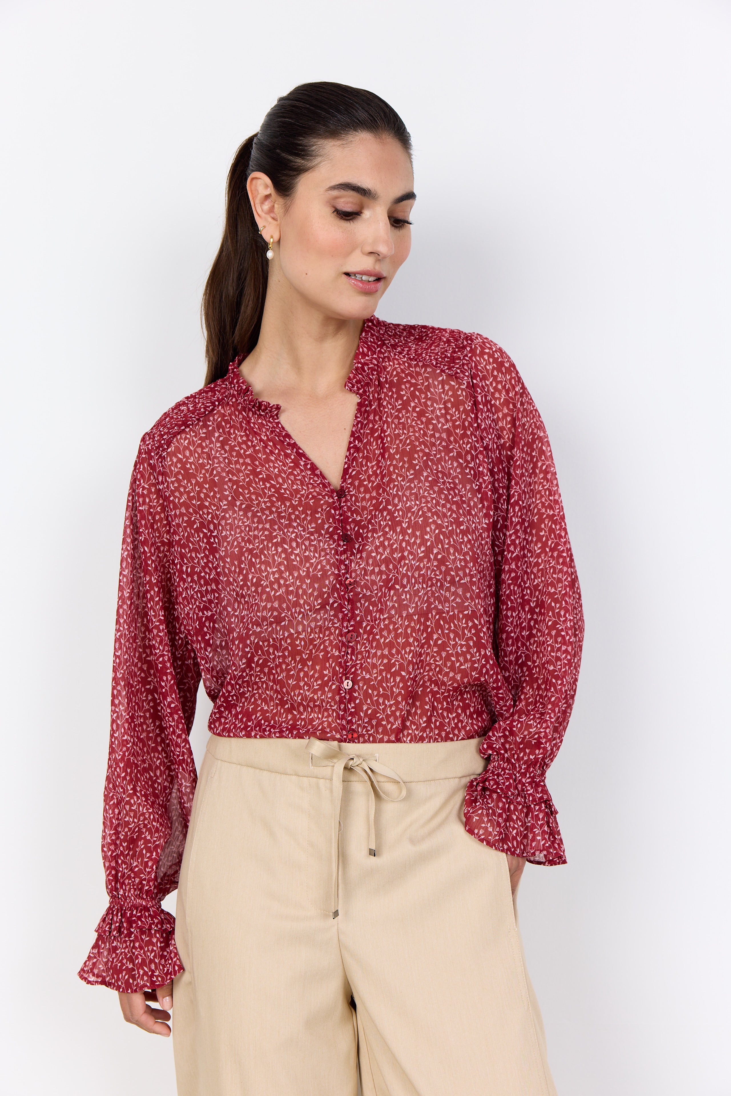Bebbie Frill Button-Down Leaf Blouse