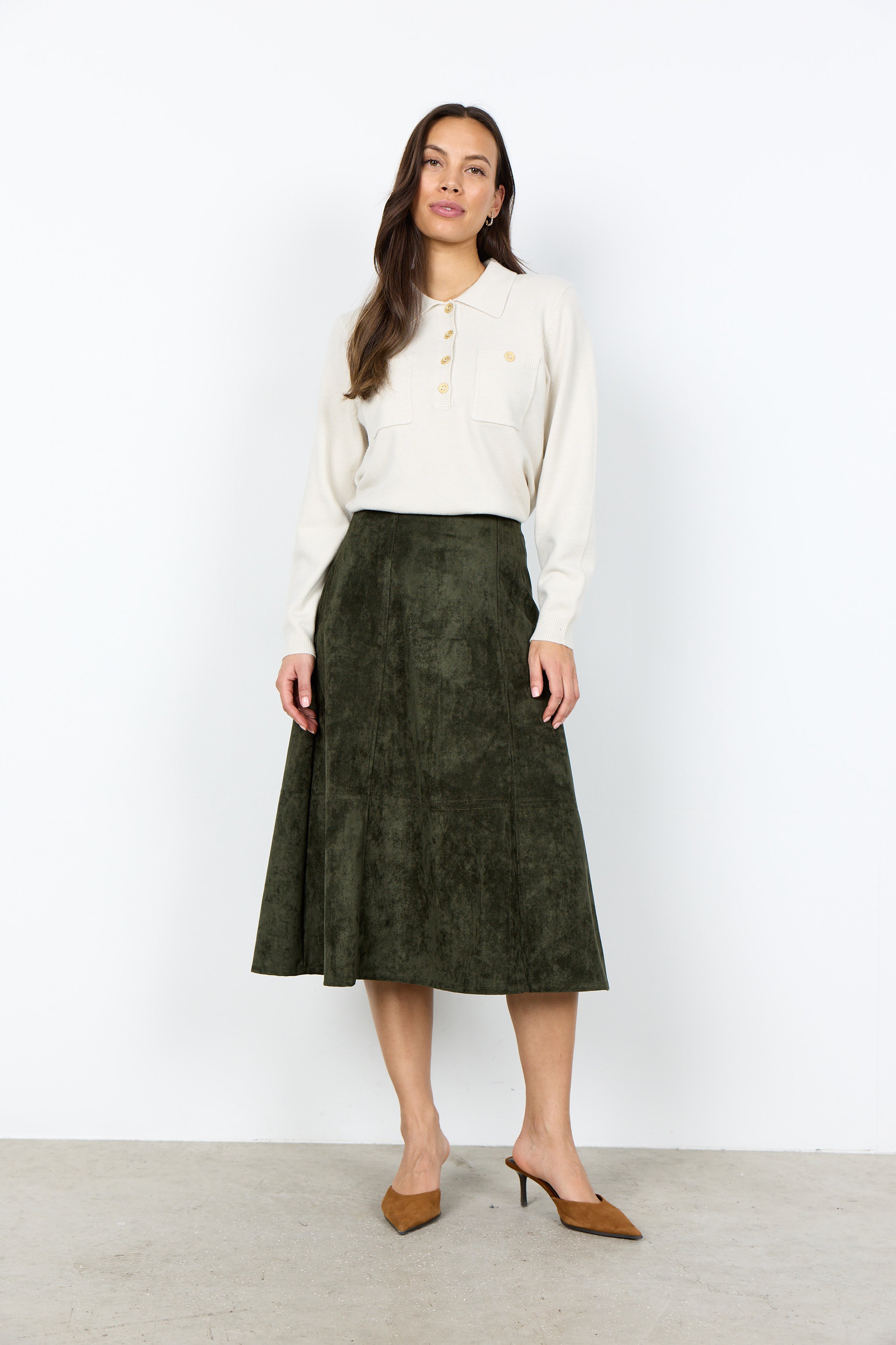 Hajira Faux Suede A-Line Below-the-Knee Skirt