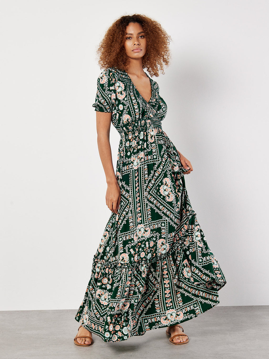 Scarf Print Smocked Maxi Dress
