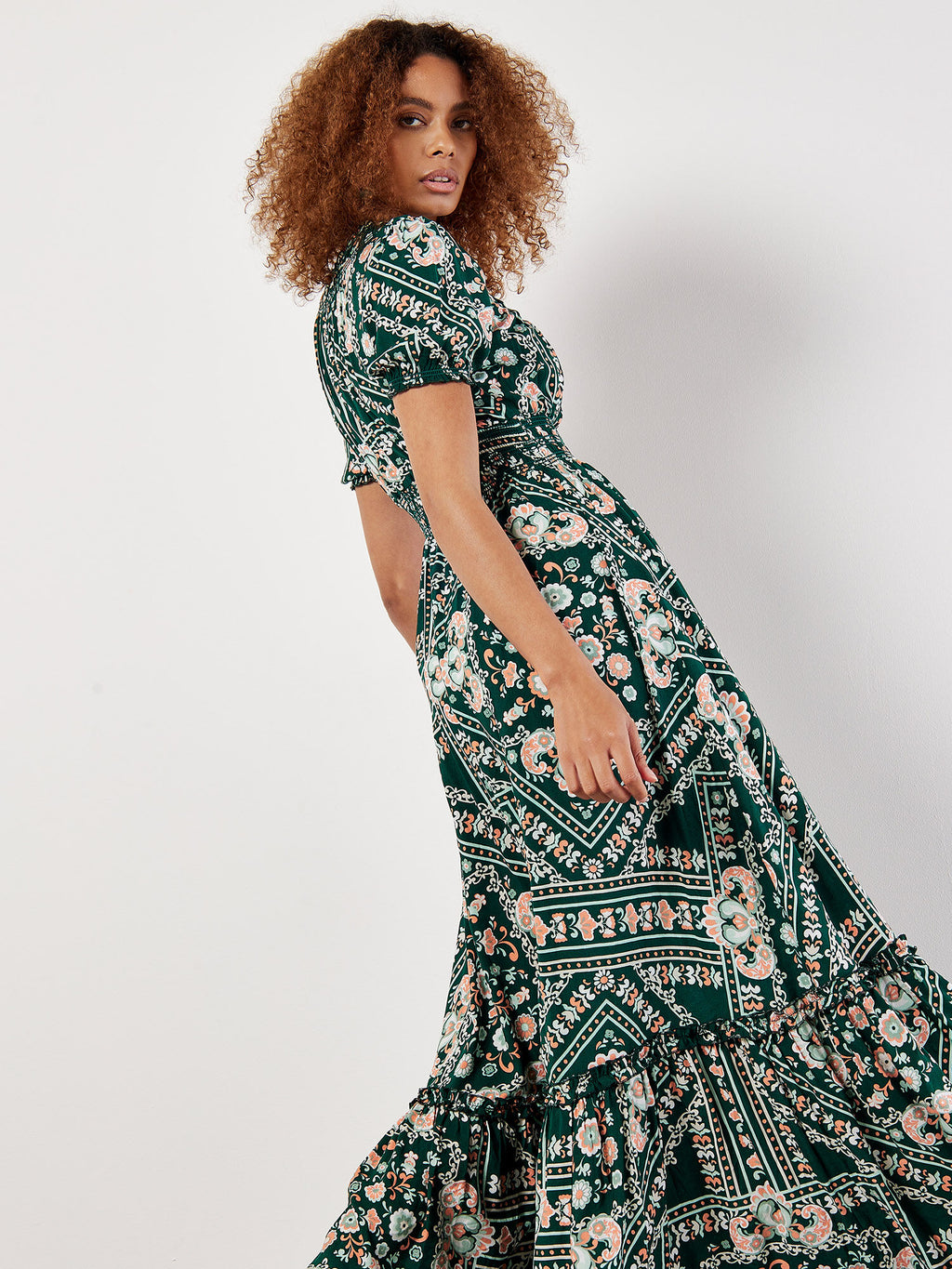 Scarf Print Smocked Maxi Dress