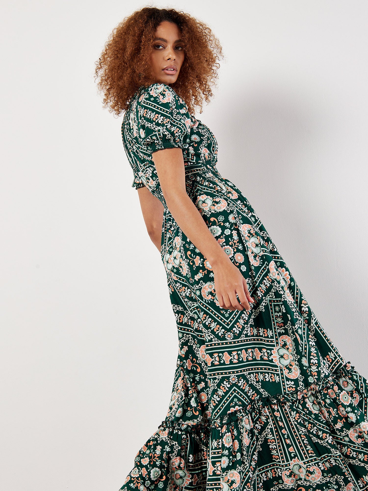 Scarf Print Smocked Maxi Dress