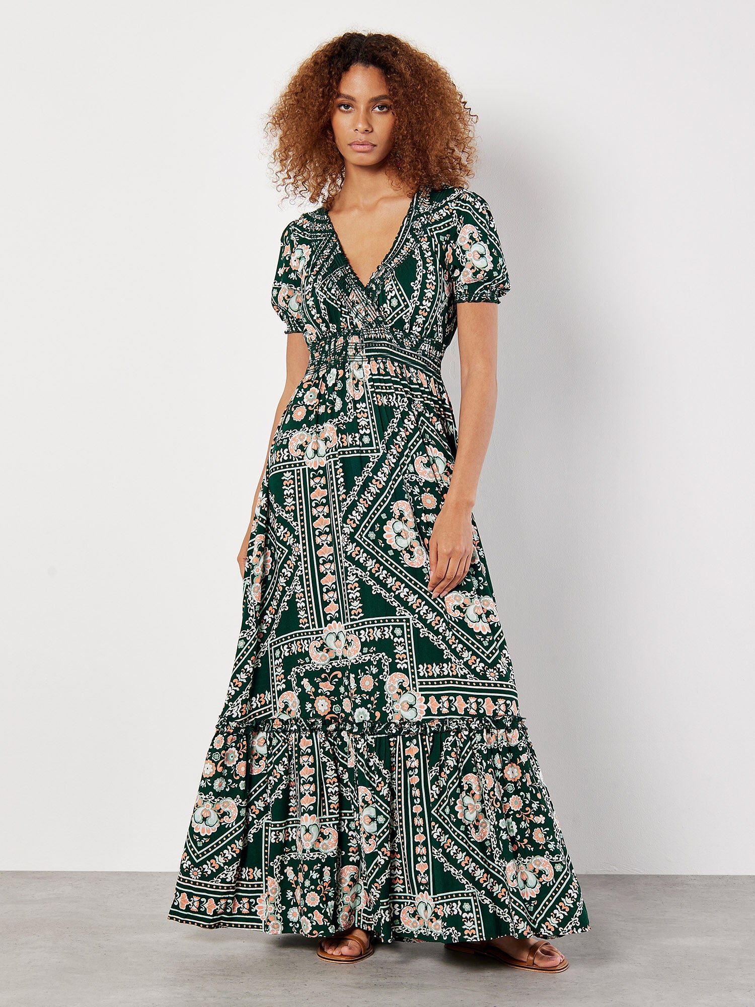Scarf Print Smocked Maxi Dress