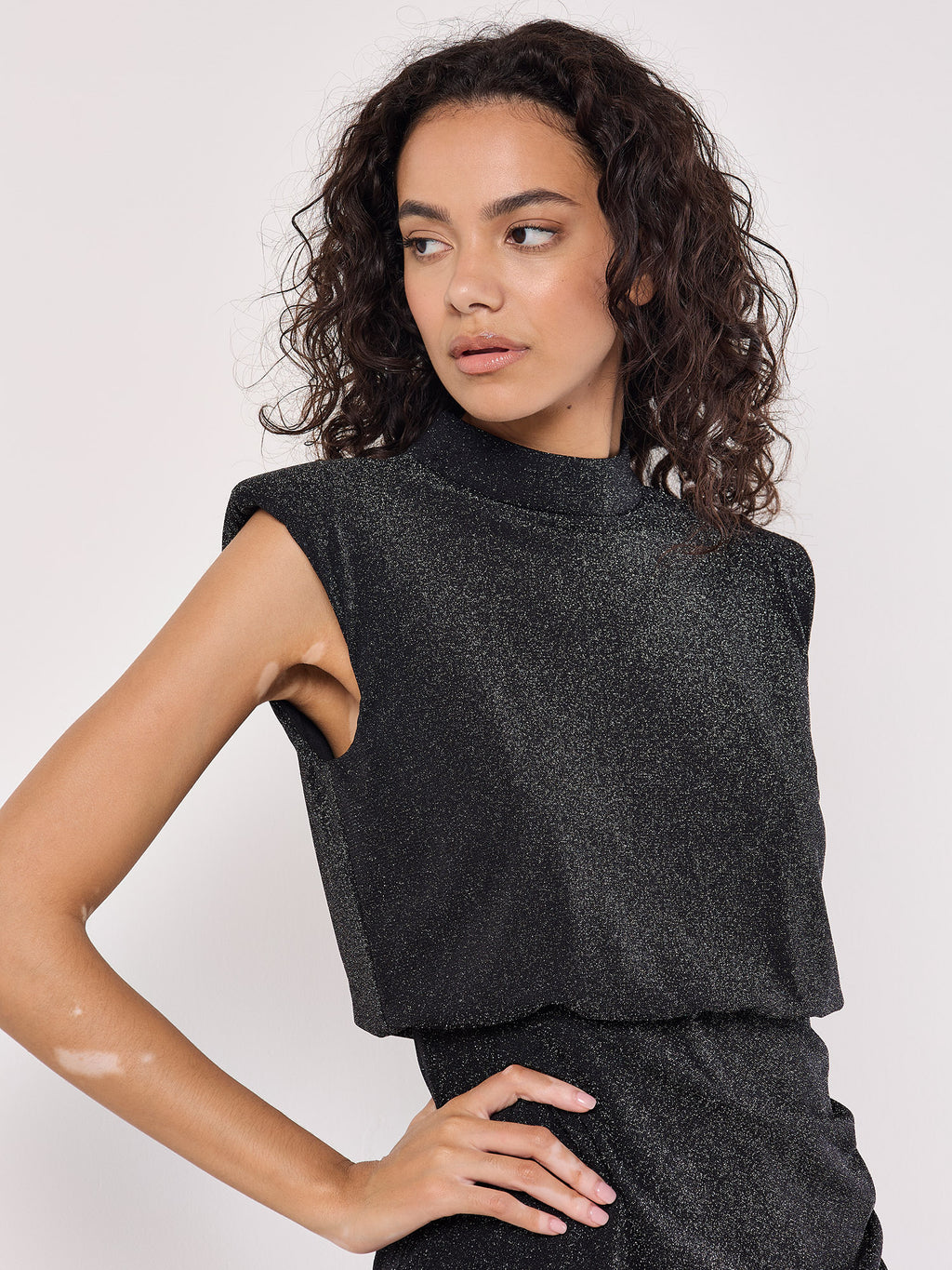 Sparkle Mock Neck Rouched Dress