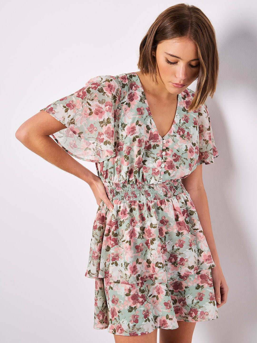 Watercolour Floral Chiffon Mini Dress