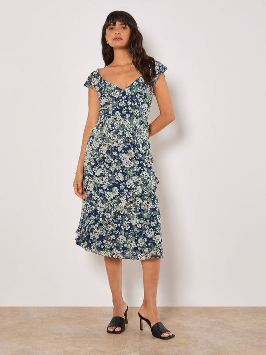 Floral Asymmetric Ruffle Midi Dress