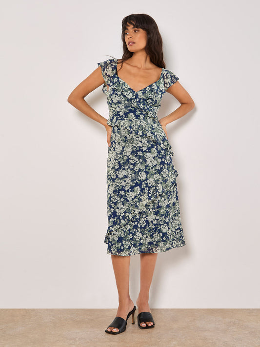 Floral Asymmetric Ruffle Midi Dress
