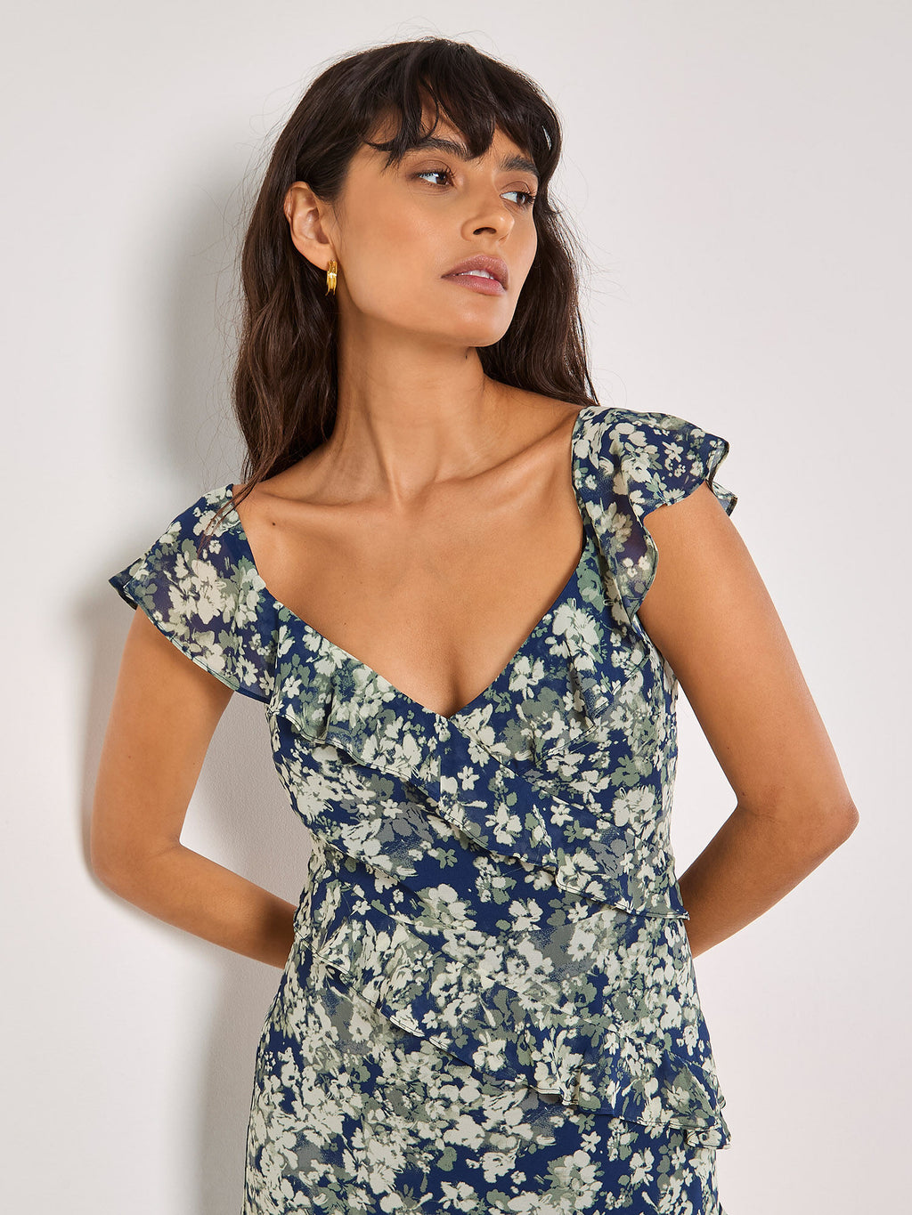 Floral Asymmetric Ruffle Midi Dress