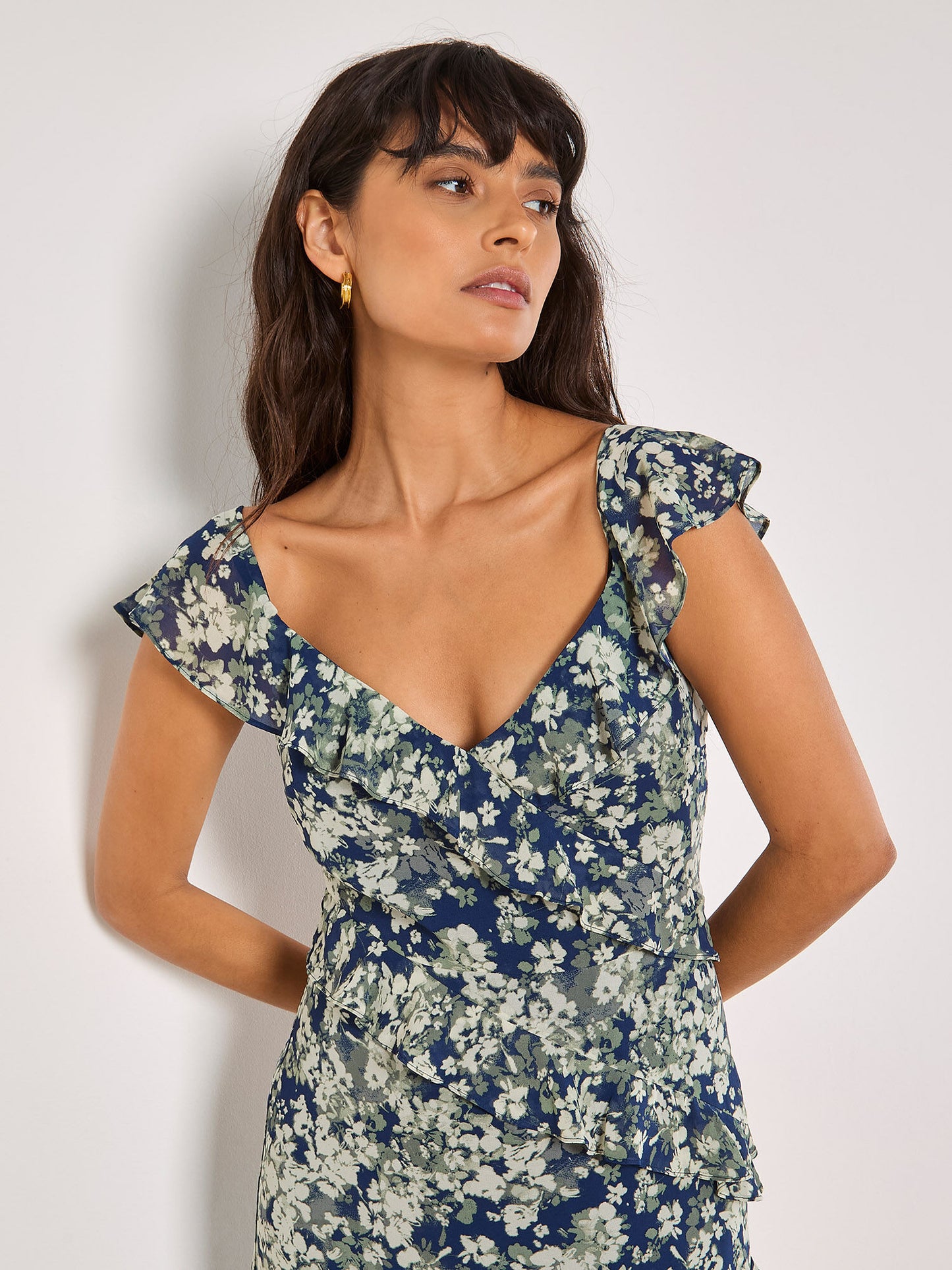 Floral Asymmetric Ruffle Midi Dress