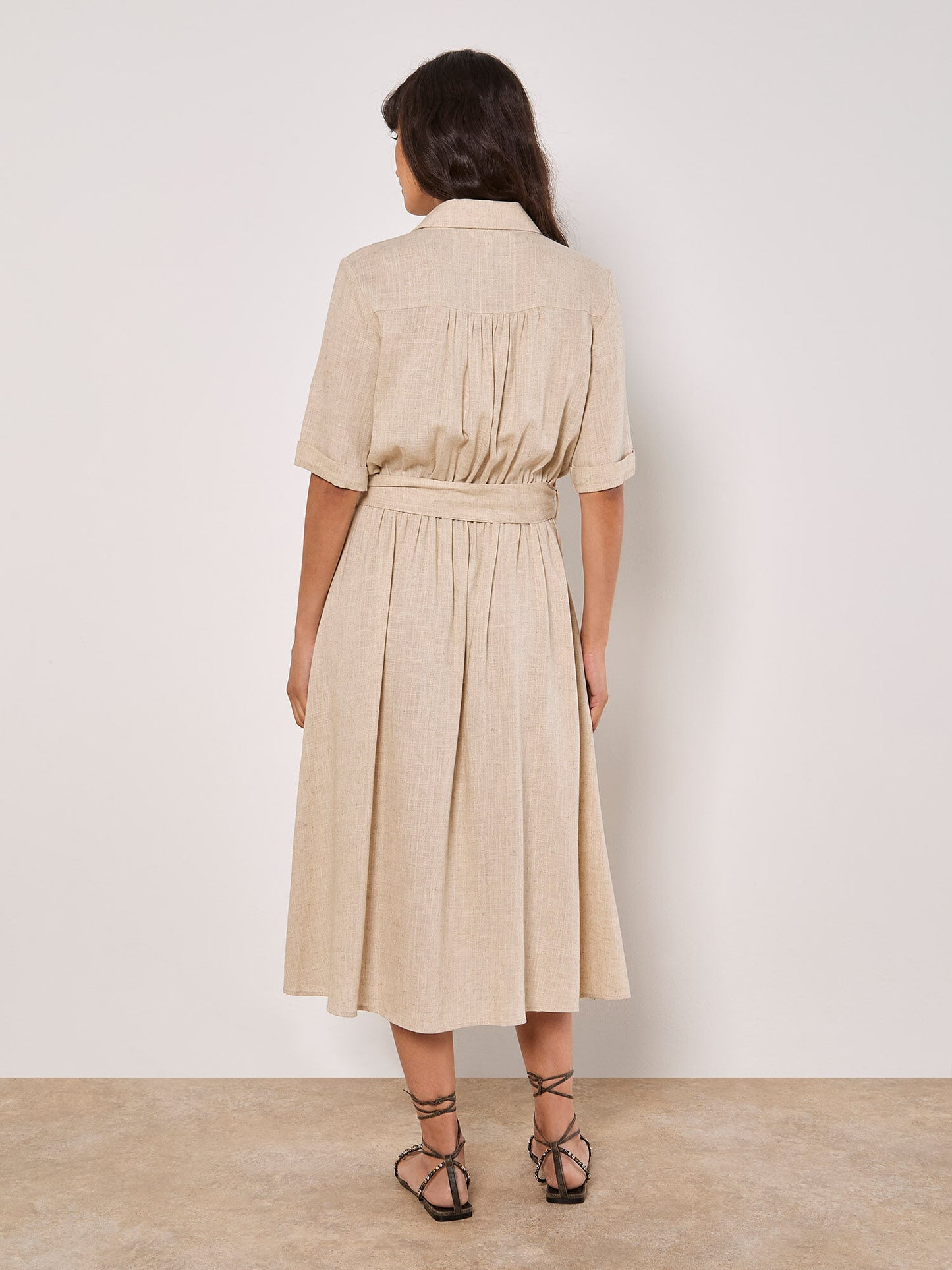 Linen Blend Utility Shirt Midi Dress