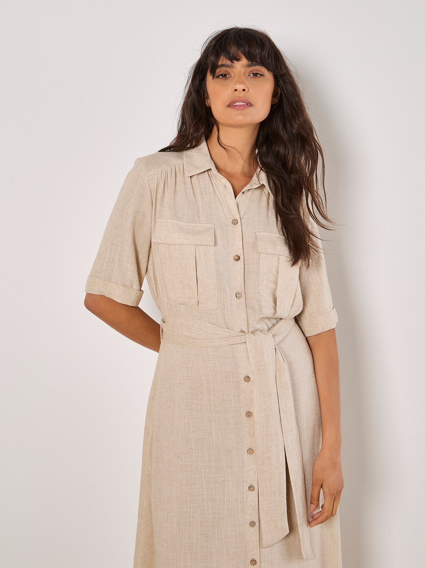 Linen Blend Utility Shirt Midi Dress