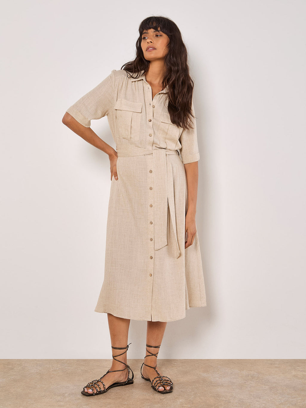Linen Blend Utility Shirt Midi Dress