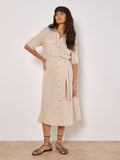 Linen Blend Utility Shirt Midi Dress