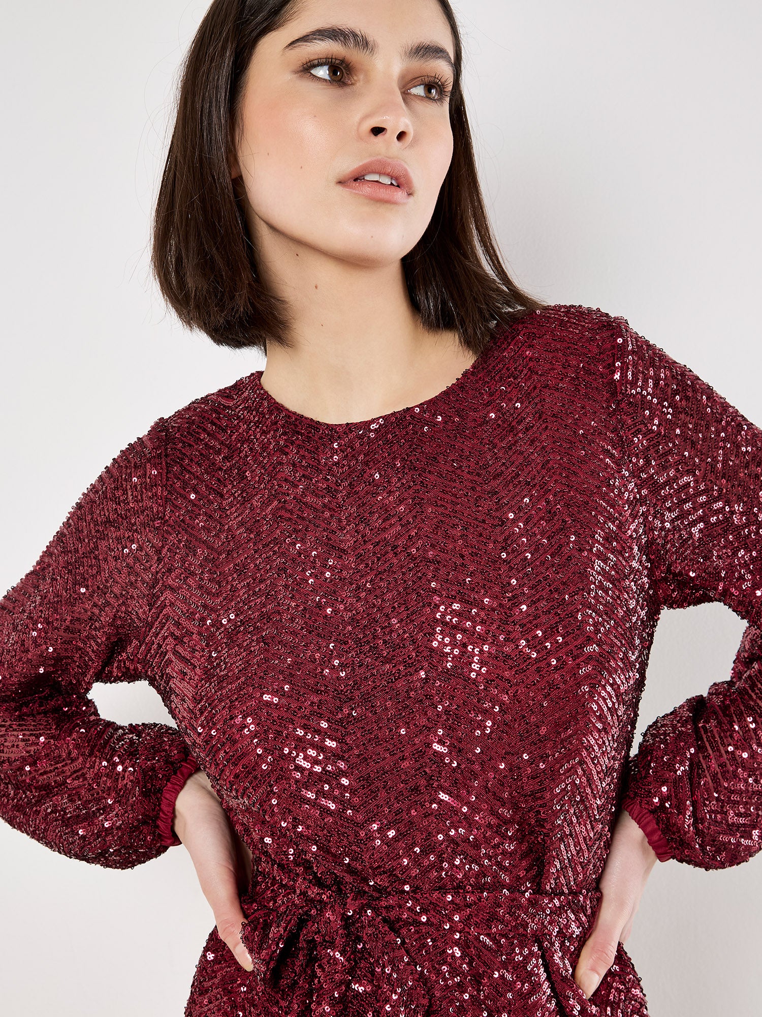 Chevron Sequin Belted Mini Dress