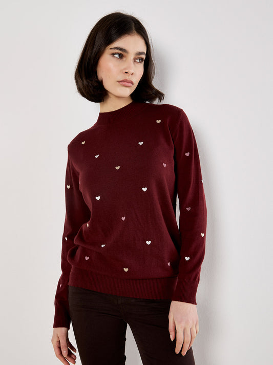 Embroidered Hearts Fine Knit Sweater