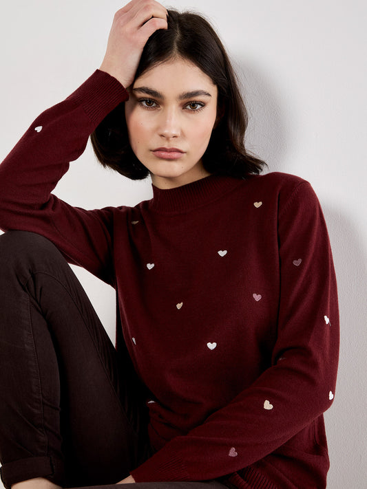 Embroidered Hearts Fine Knit Sweater