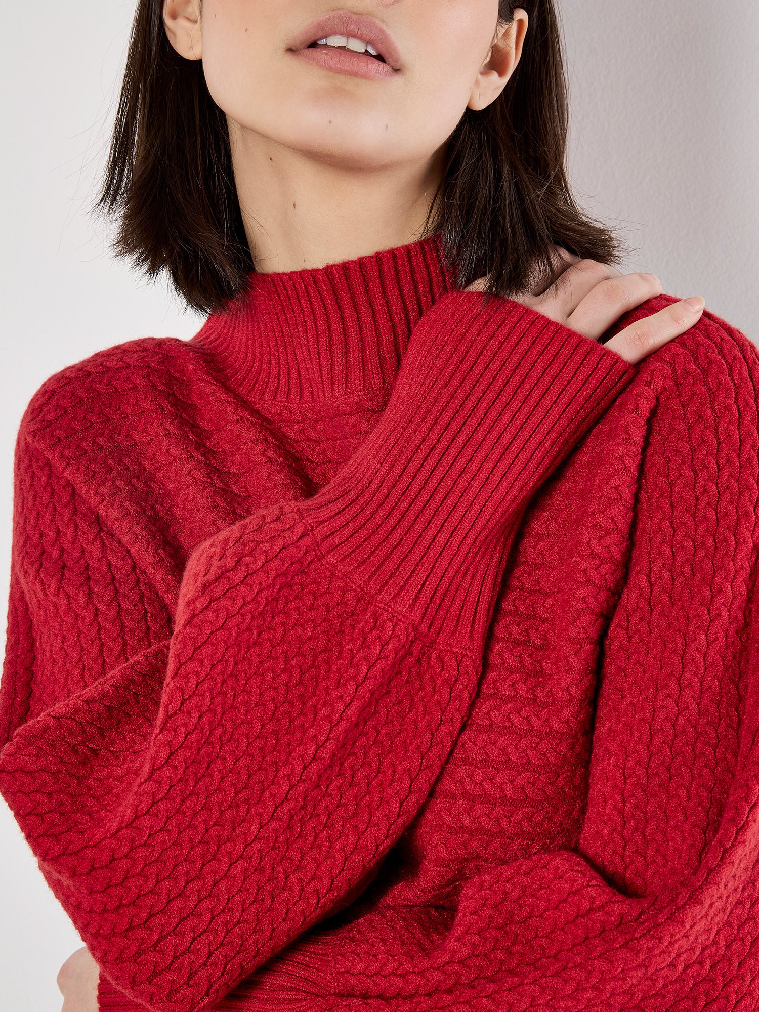 High Neck Twisted Cable Batwing Sweater