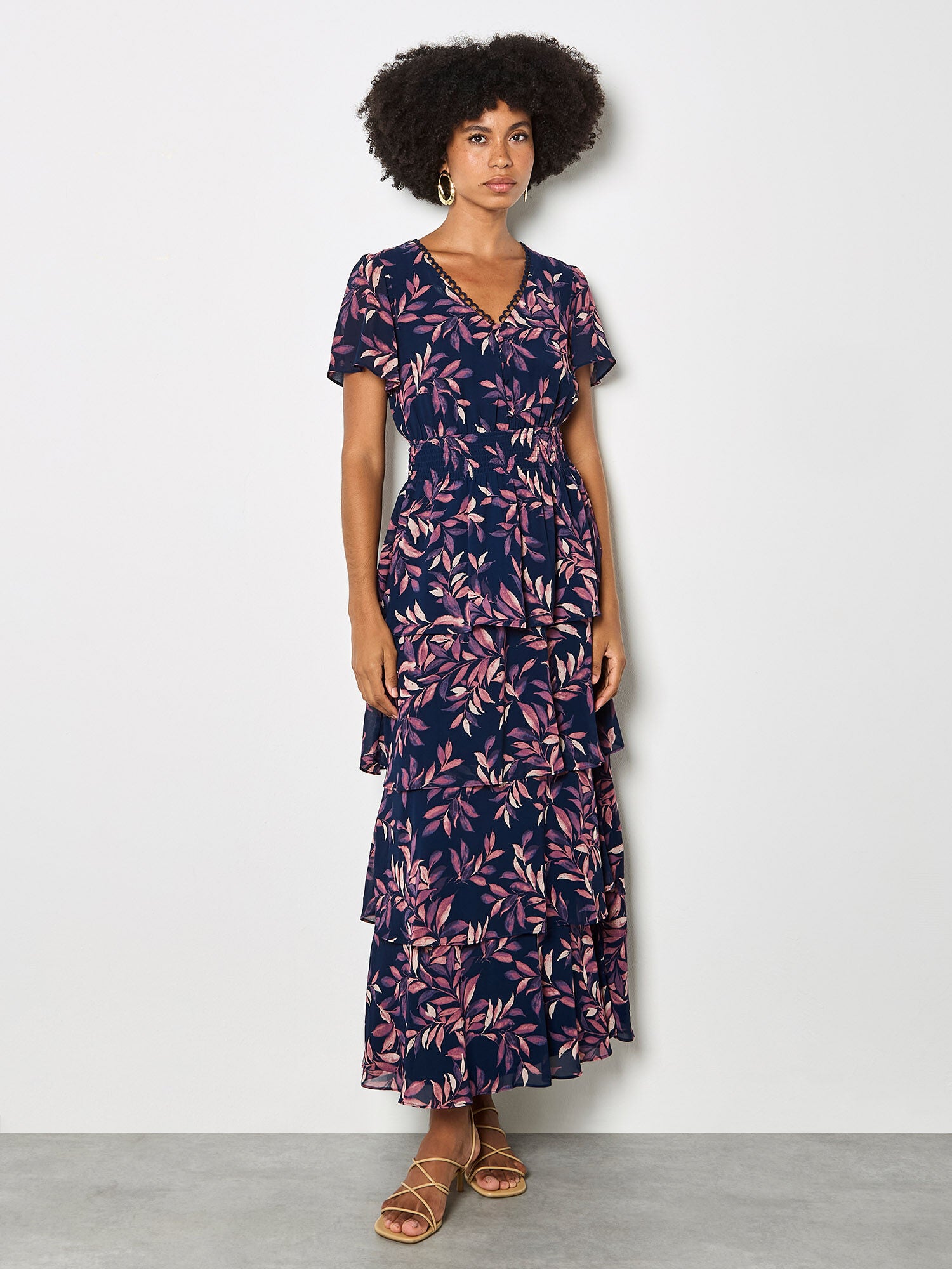 Watercolour Leaves Chiffon Tiered Maxi Dress