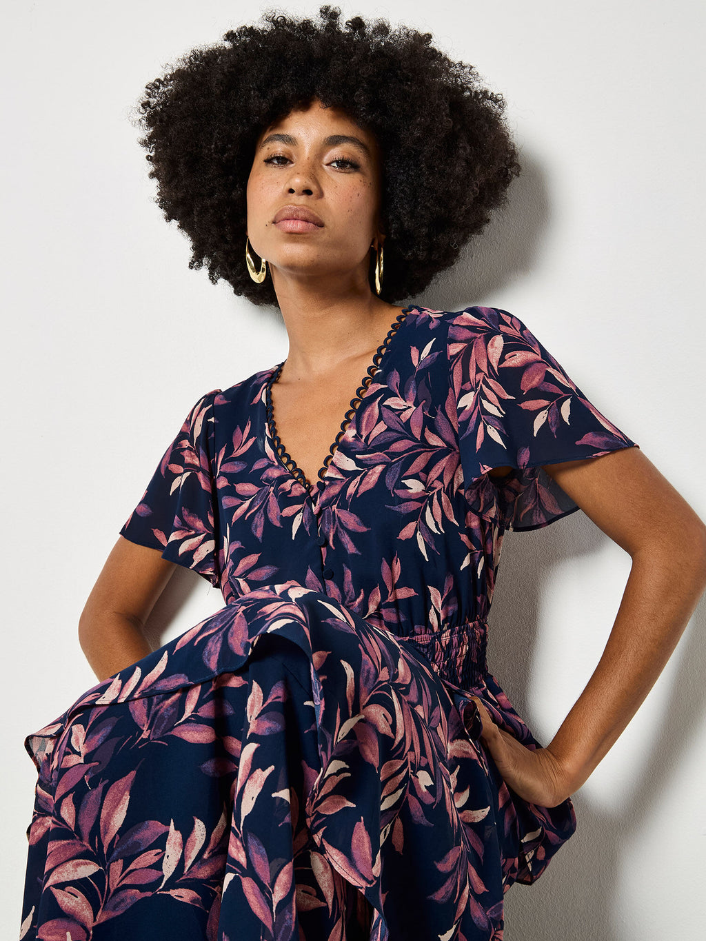 Watercolour Leaves Chiffon Tiered Maxi Dress
