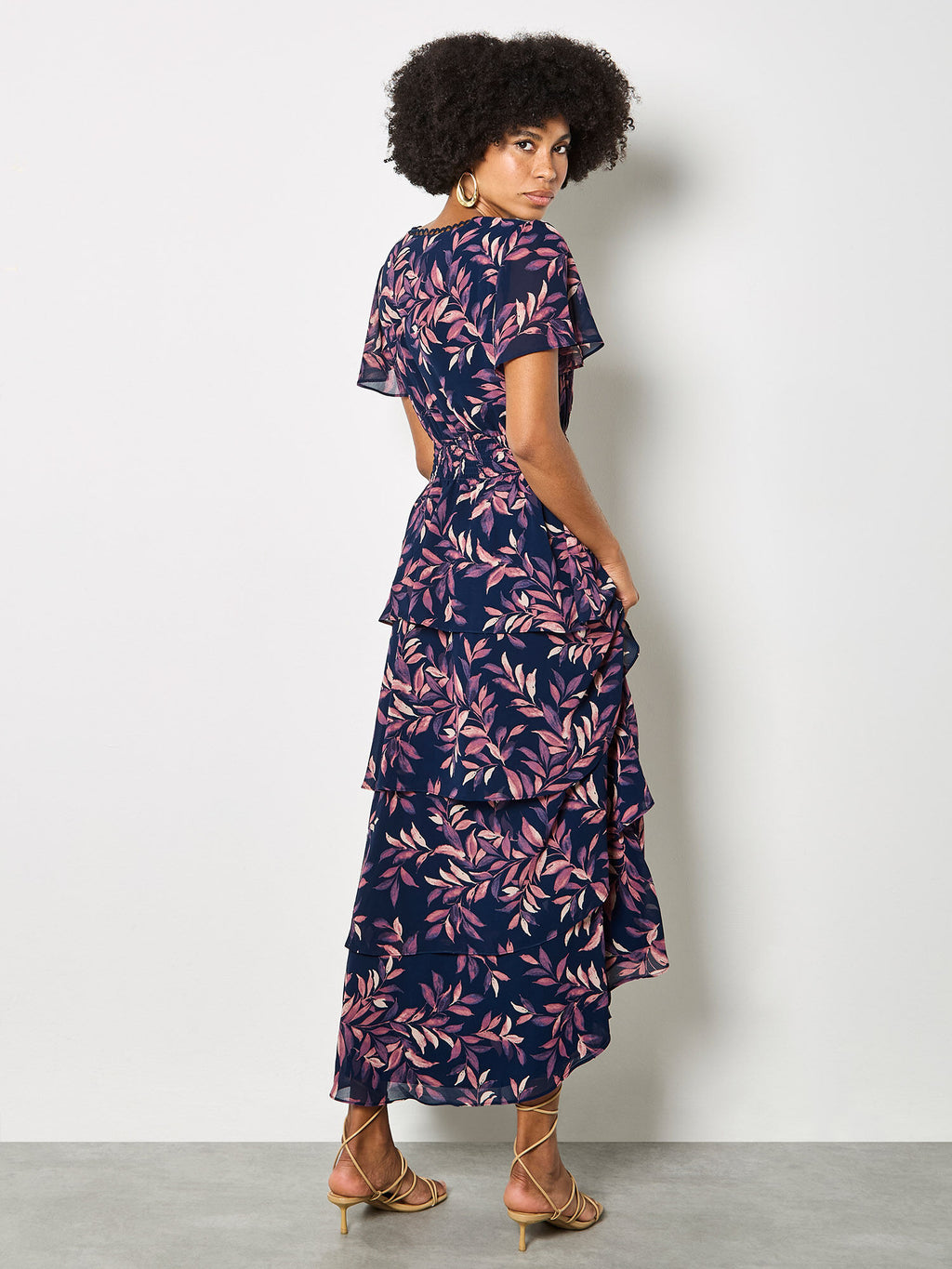 Watercolour Leaves Chiffon Tiered Maxi Dress
