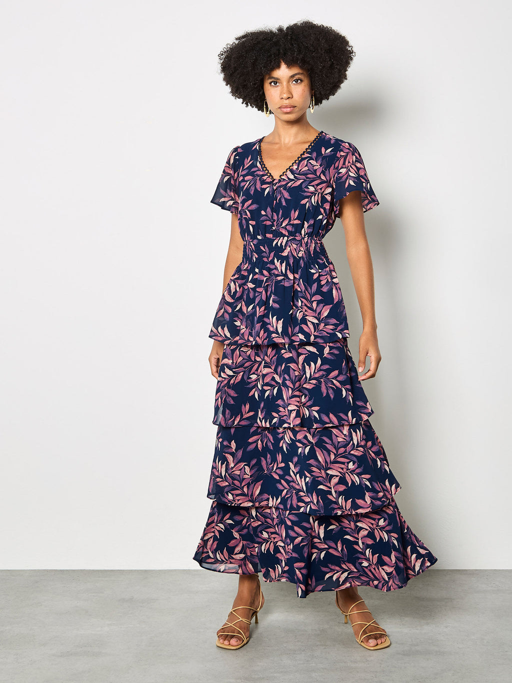 Watercolour Leaves Chiffon Tiered Maxi Dress