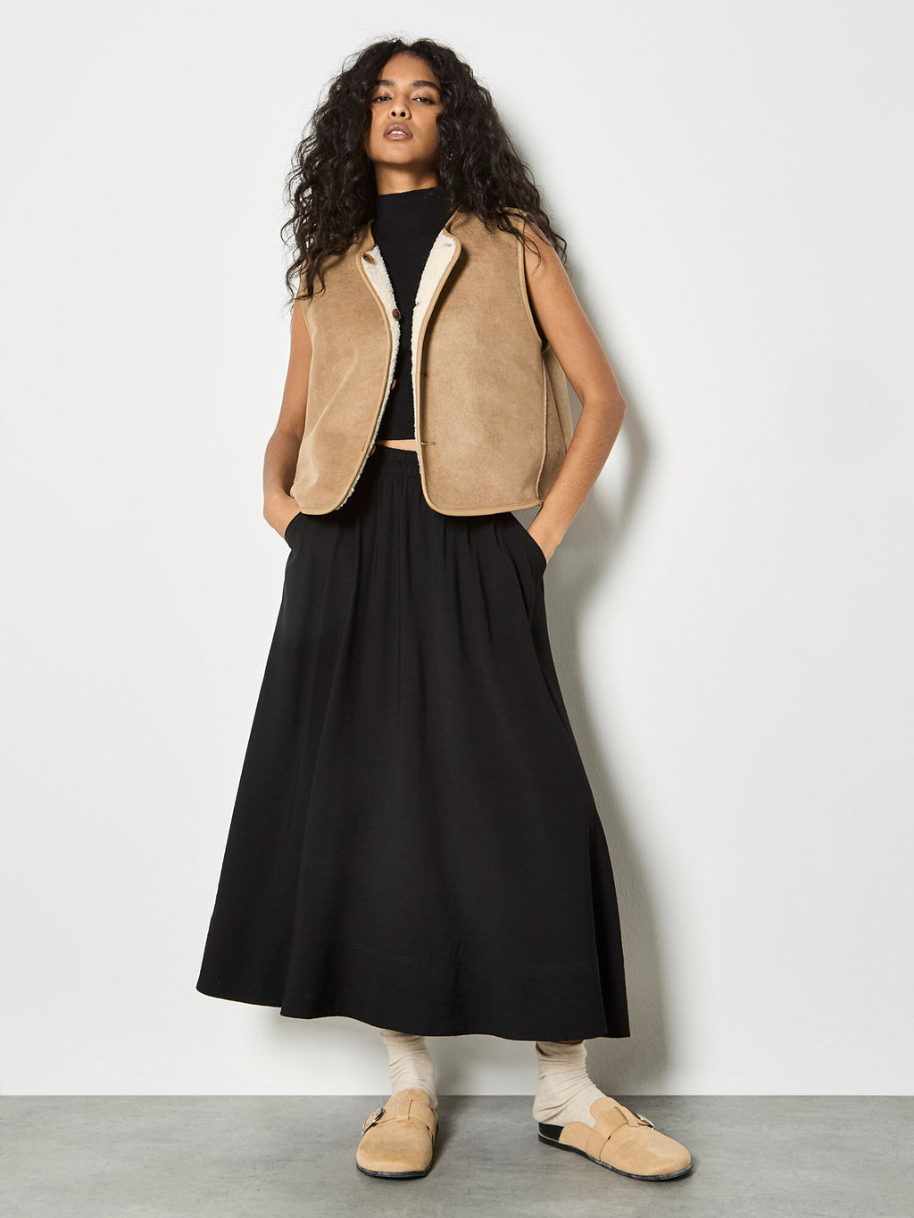 A-Line Crepe Textured Midi Skirt