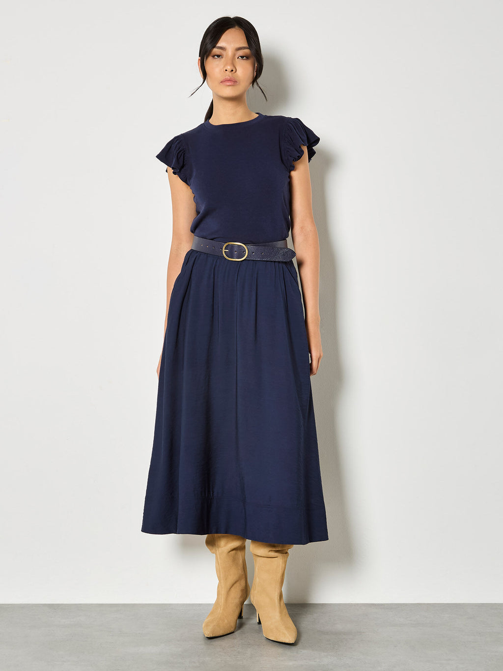 A-Line Crepe Textured Midi Skirt