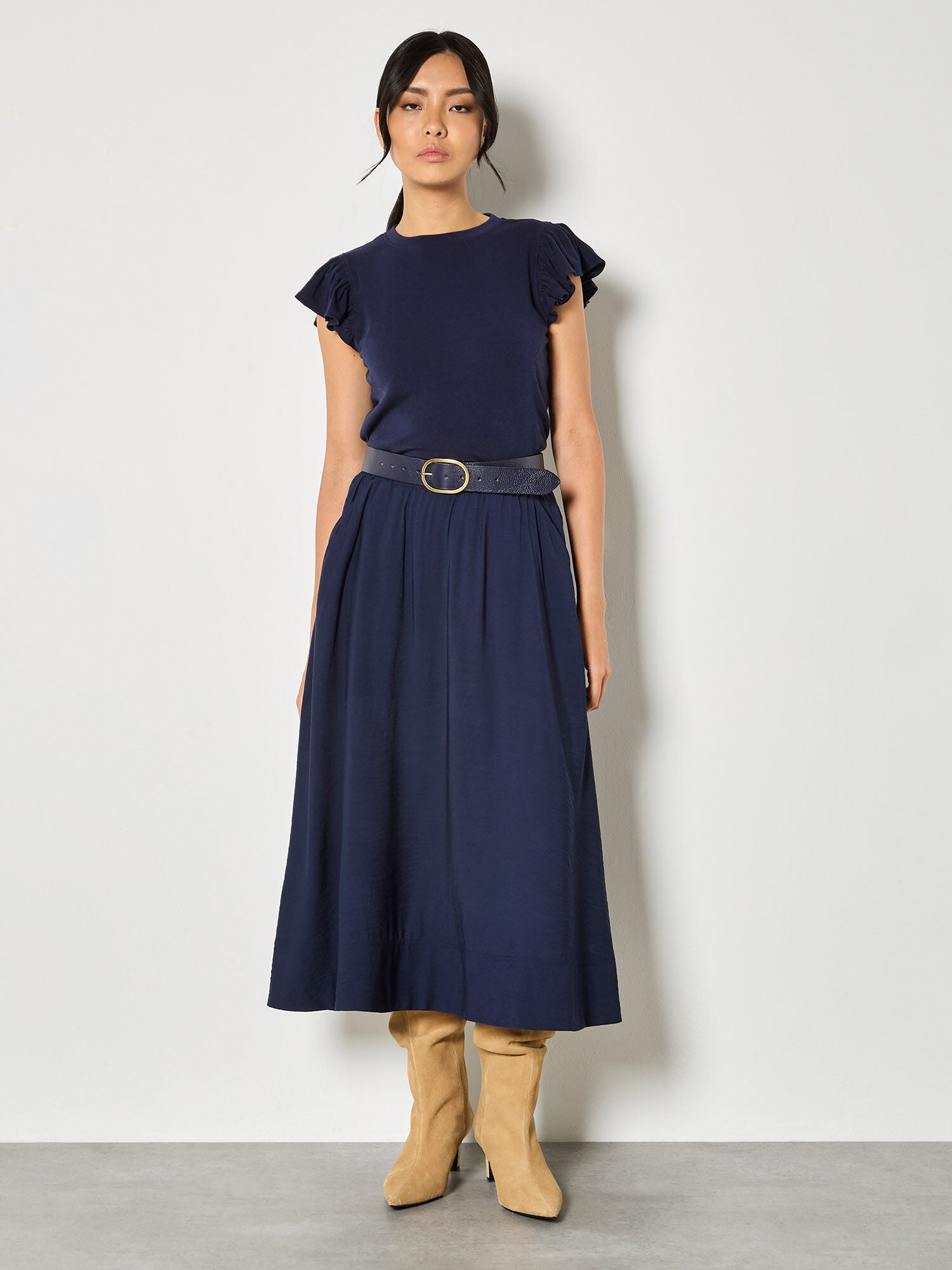 A-Line Crepe Textured Midi Skirt