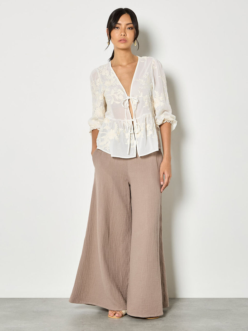 Embroidered Chiffon Tie Front Peplum Top