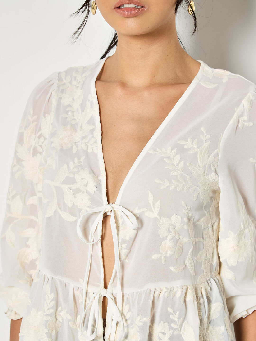 Embroidered Chiffon Tie Front Peplum Top