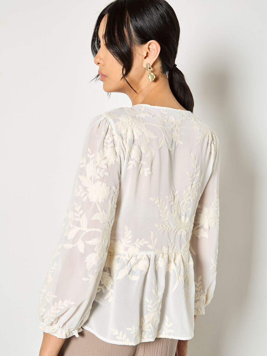 Embroidered Chiffon Tie Front Peplum Top