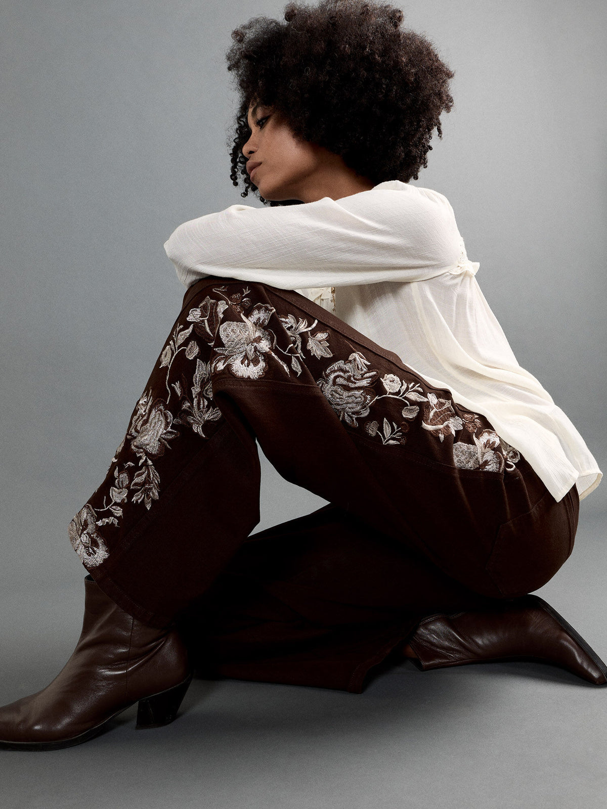 Floral Embroidered Wide Leg Jeans