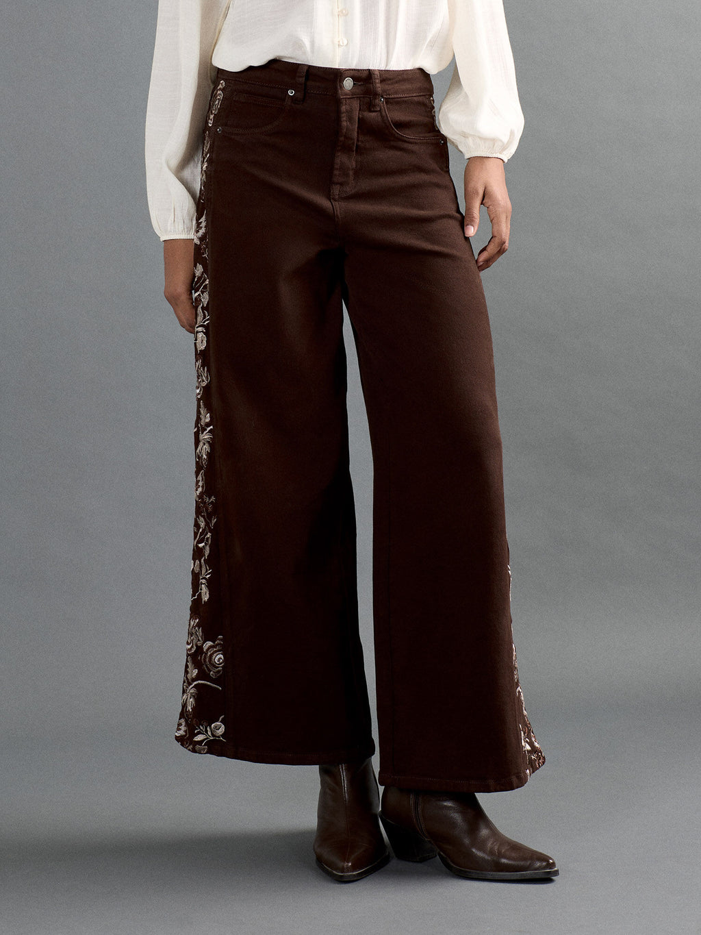 Floral Embroidered Wide Leg Jeans