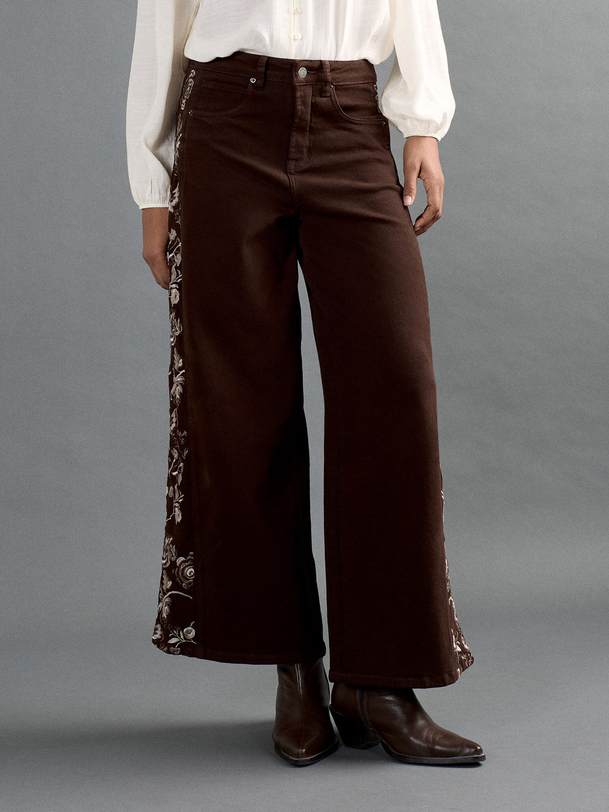 Floral Embroidered Wide Leg Jeans