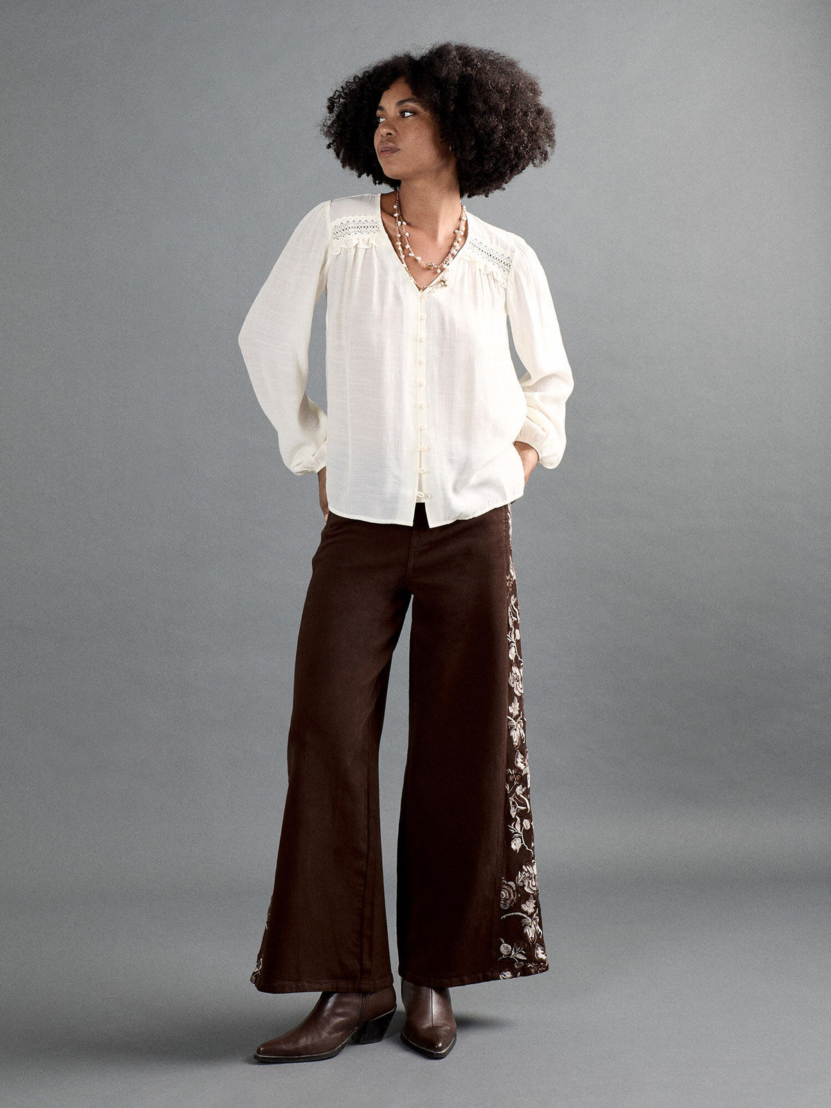 Floral Embroidered Wide Leg Jeans