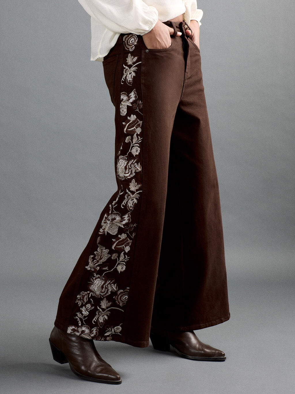 Floral Embroidered Wide Leg Jeans