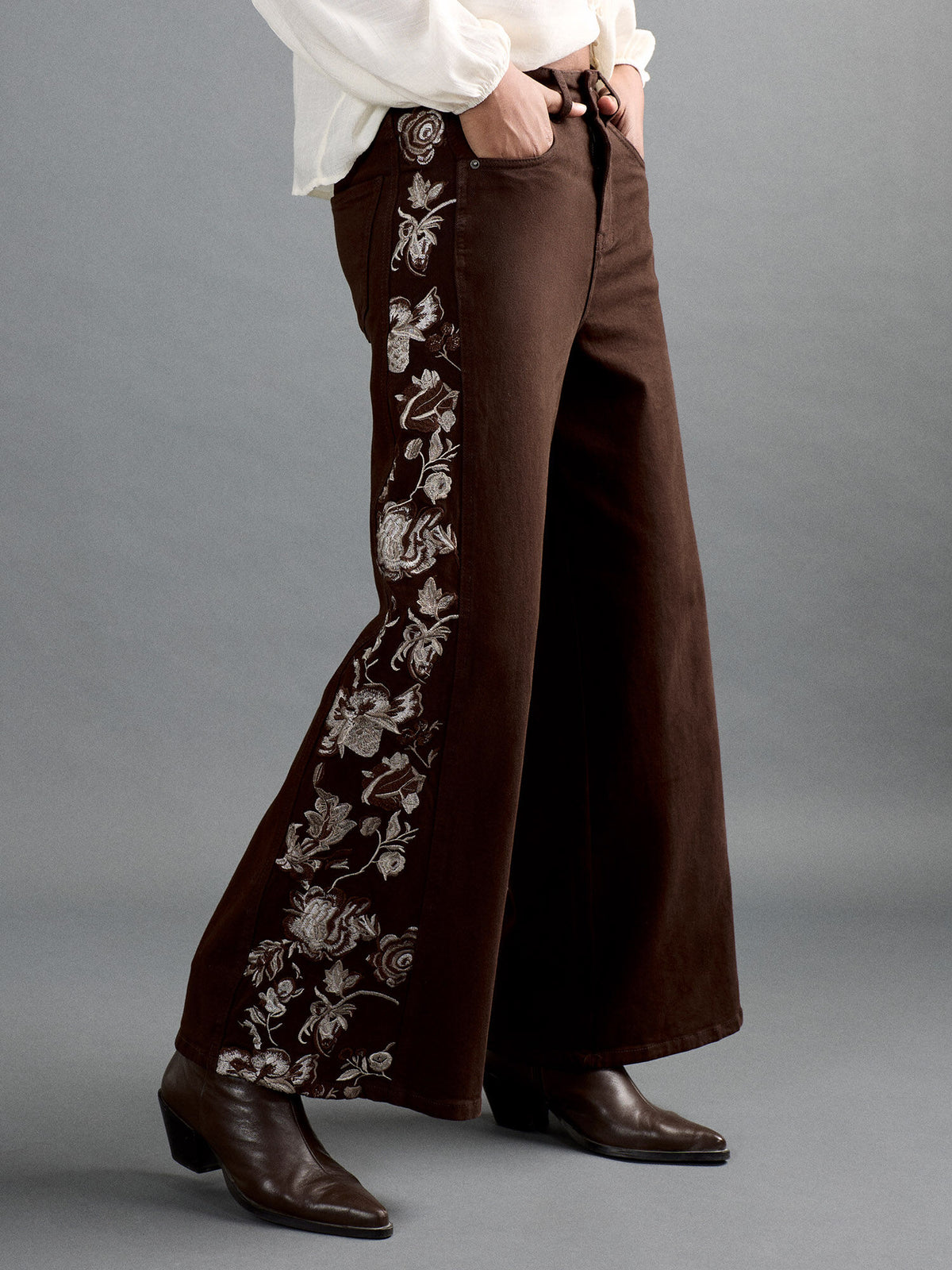 Floral Embroidered Wide Leg Jeans