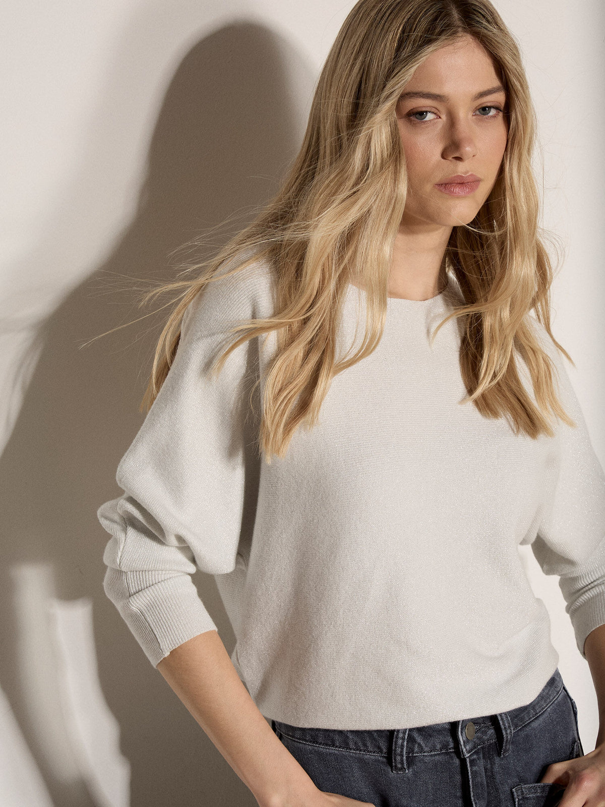 Metallic Ribbed Batwing Sweater