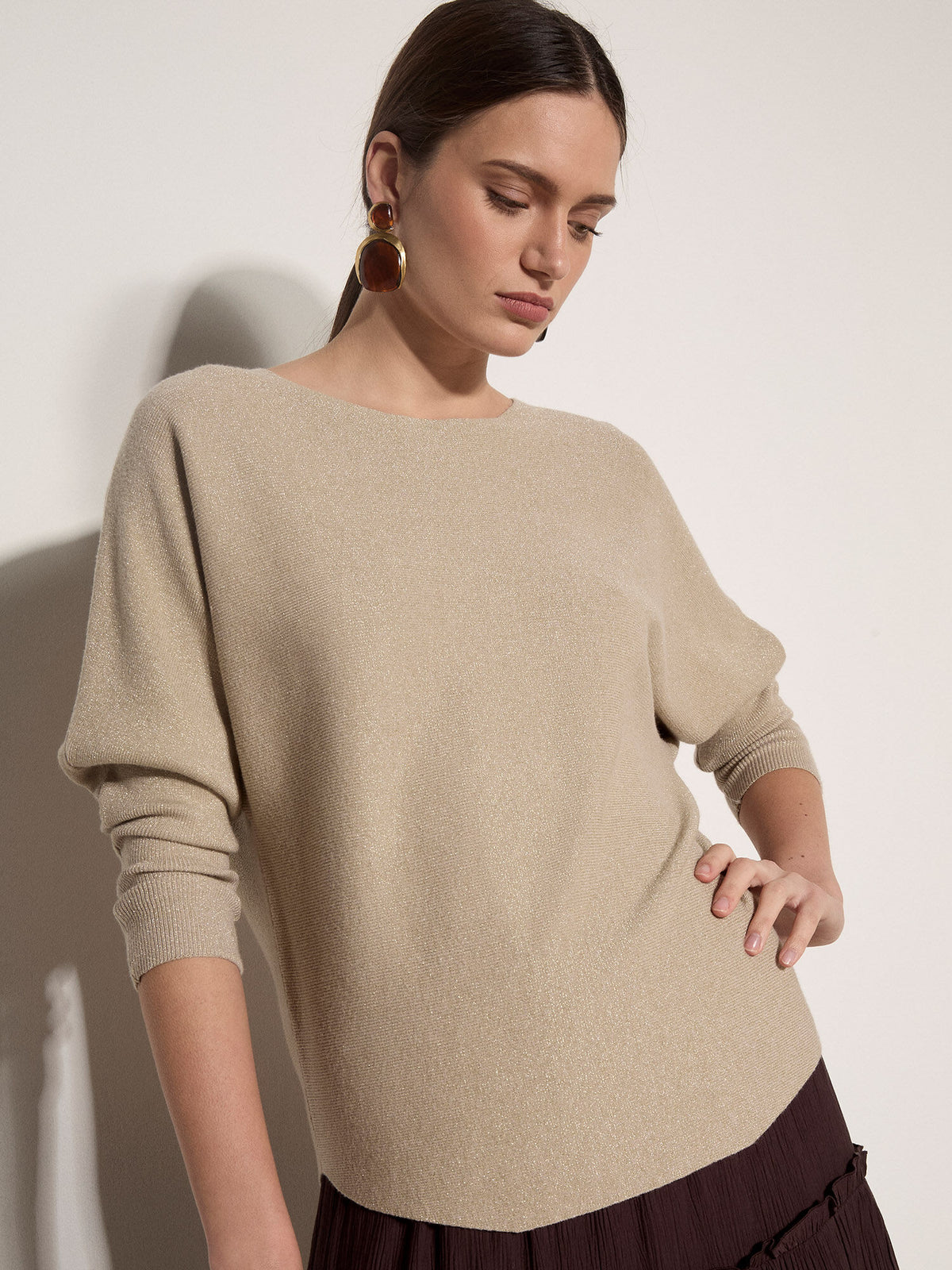 Metallic Ribbed Batwing Sweater