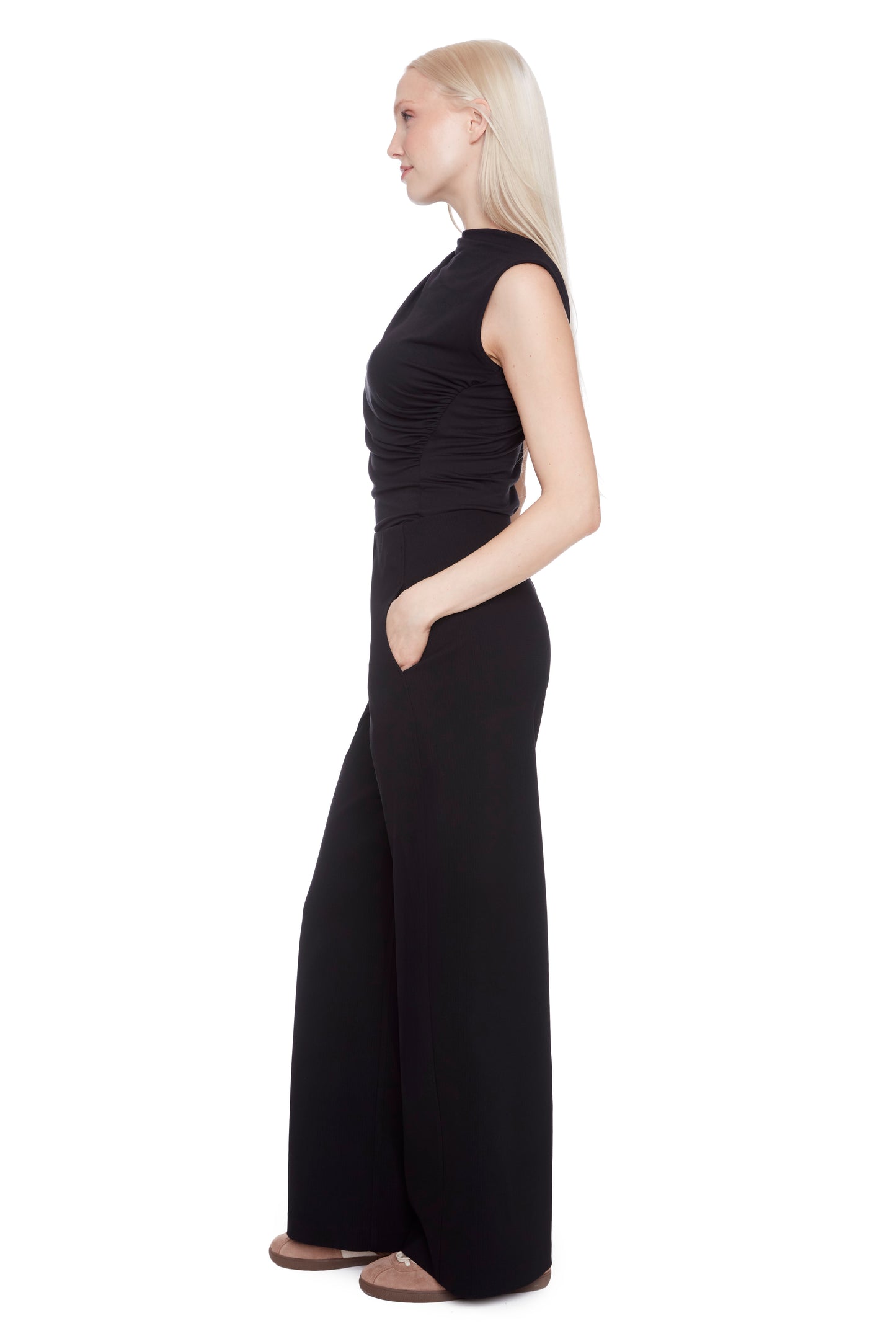 Pull On Textured Wide Leg Trouser