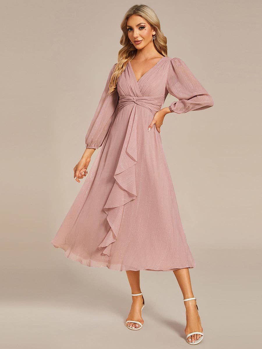 Shiny Chiffon Long Sleeve Midi Dress