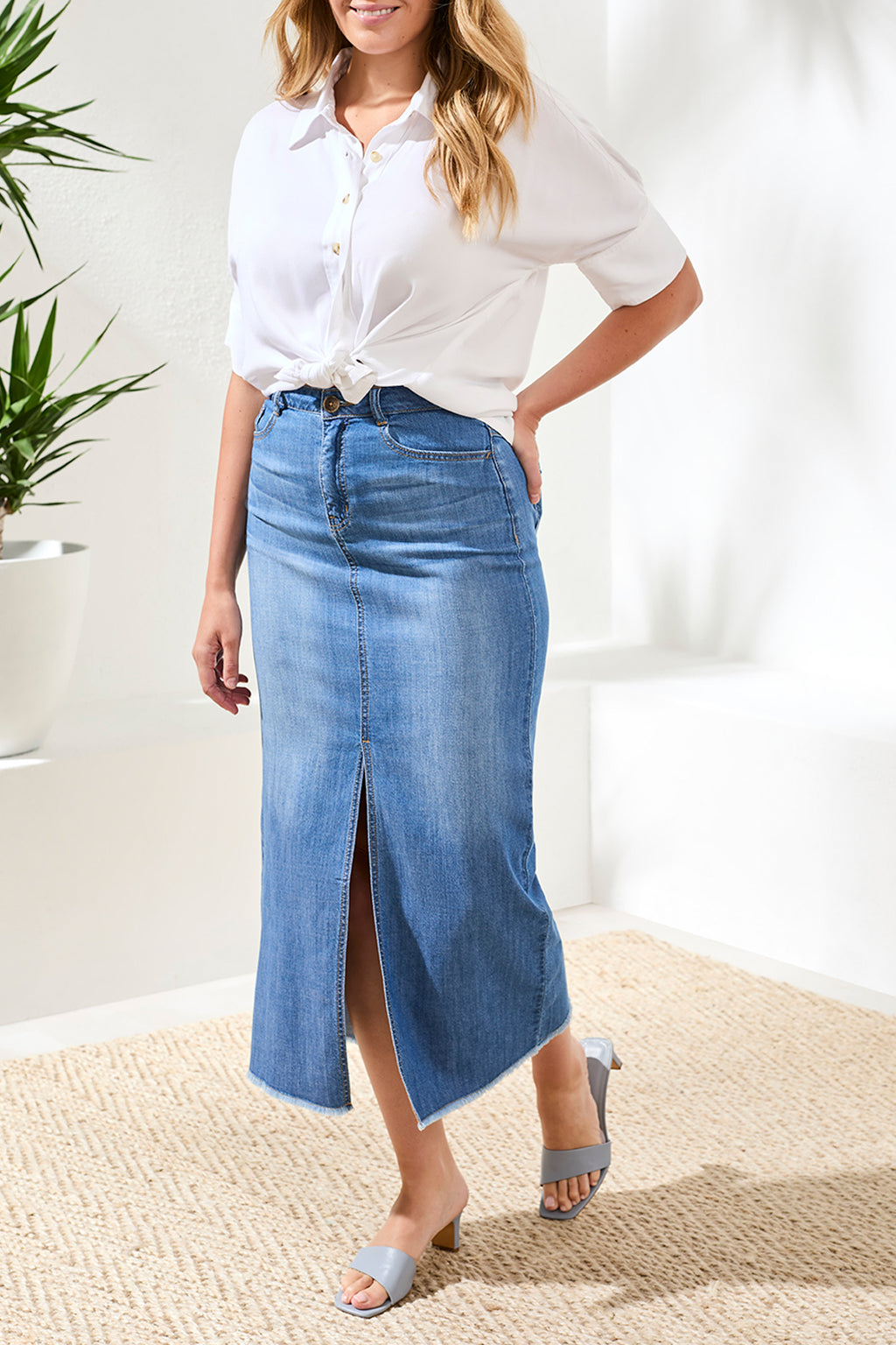 Full Length Front Slit-Denim Skirt
