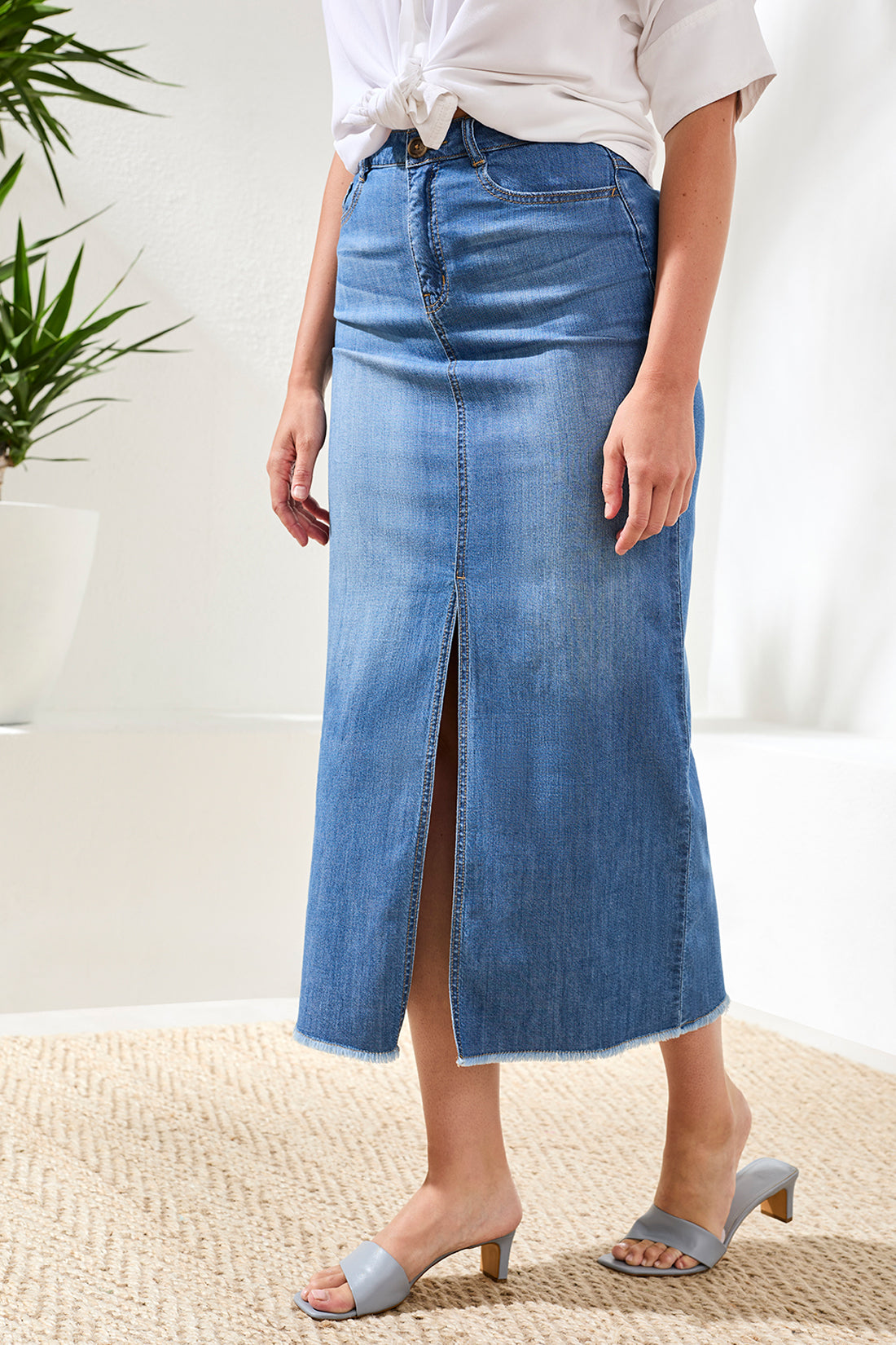 Full Length Front Slit-Denim Skirt