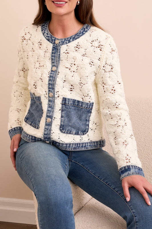 Mix Media Crochet Jacket with Denim Inserts