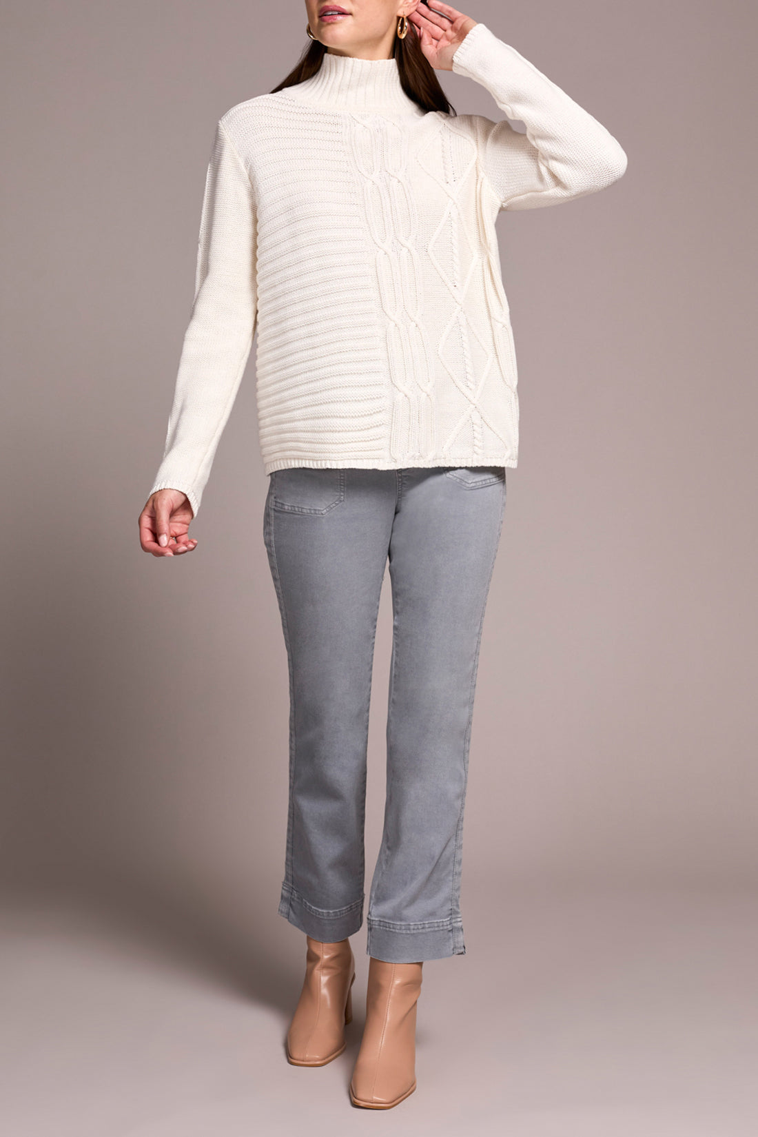 Vintage Washed Cable Knit Mock Neck Sweater