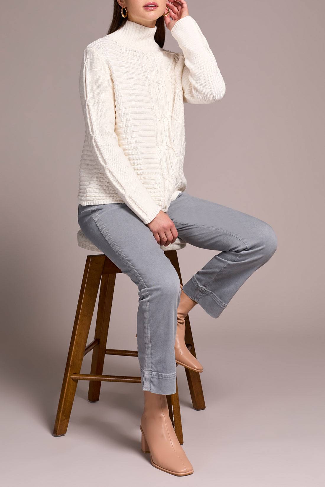 Vintage Washed Cable Knit Mock Neck Sweater