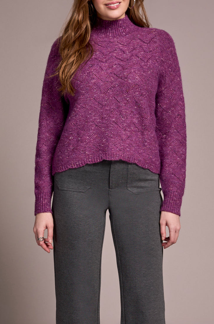 Mock Neck Puff Sleeve High Low Sweater